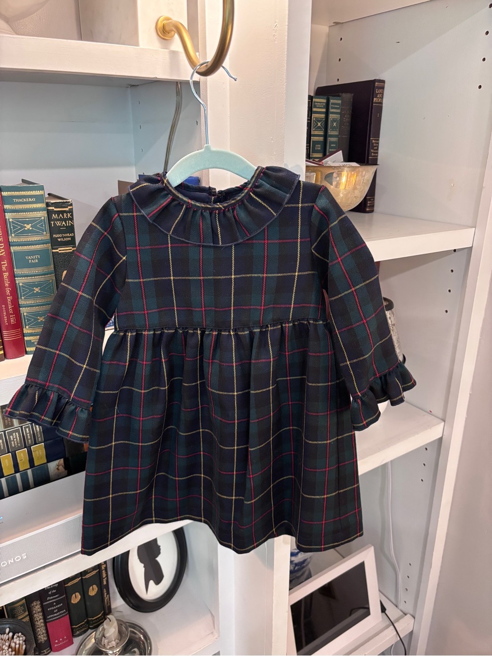 Classic Navy & Green Plaid Ruffle Collar Girls' Dress